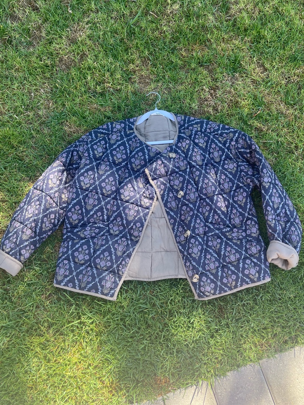 Quilted Navy Patterned Jacket with Taupe Trim